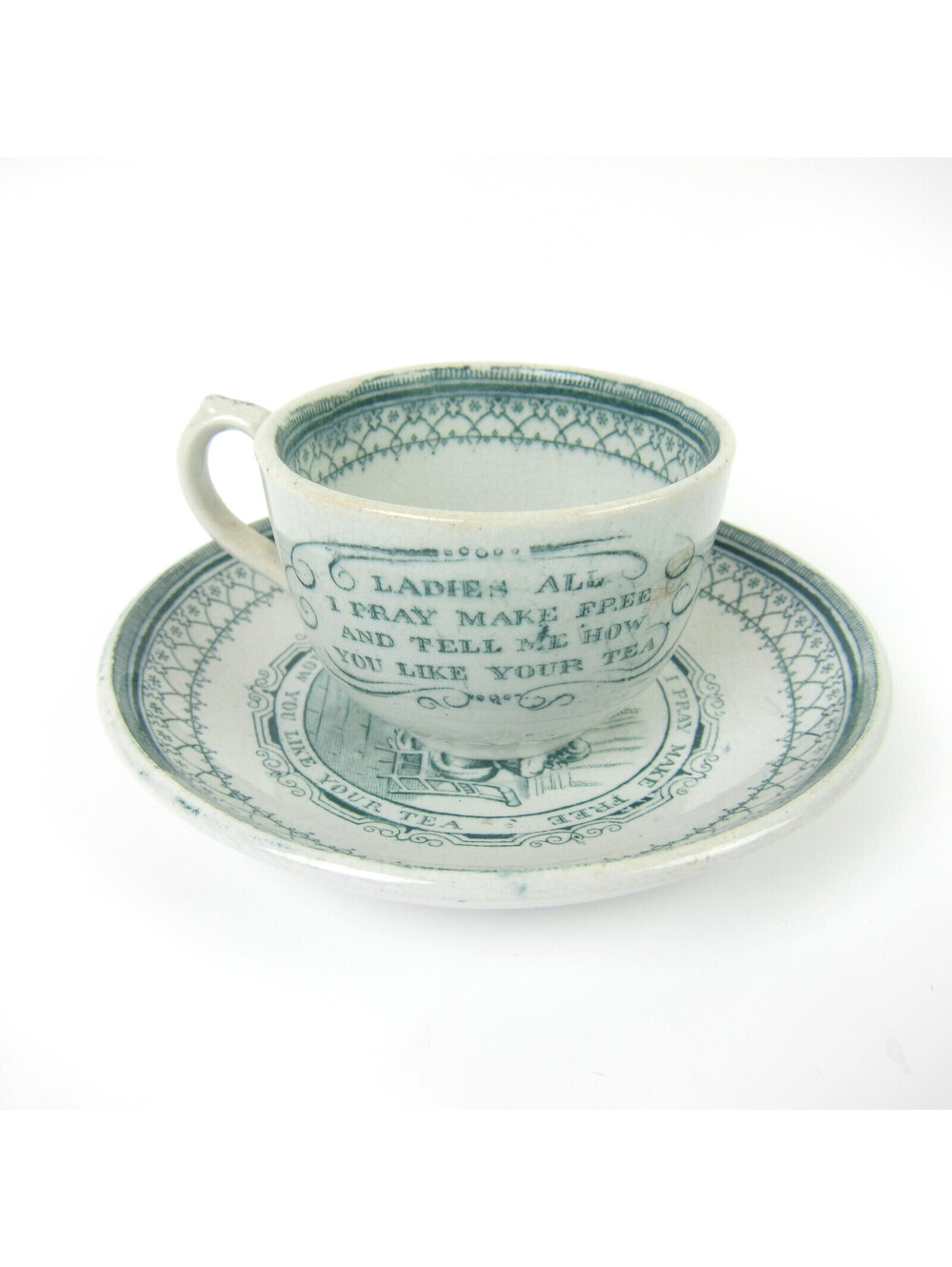 Antique Thomas Fell & Co Transferware Cup & Saucer Ladies All I Pray Free 1850